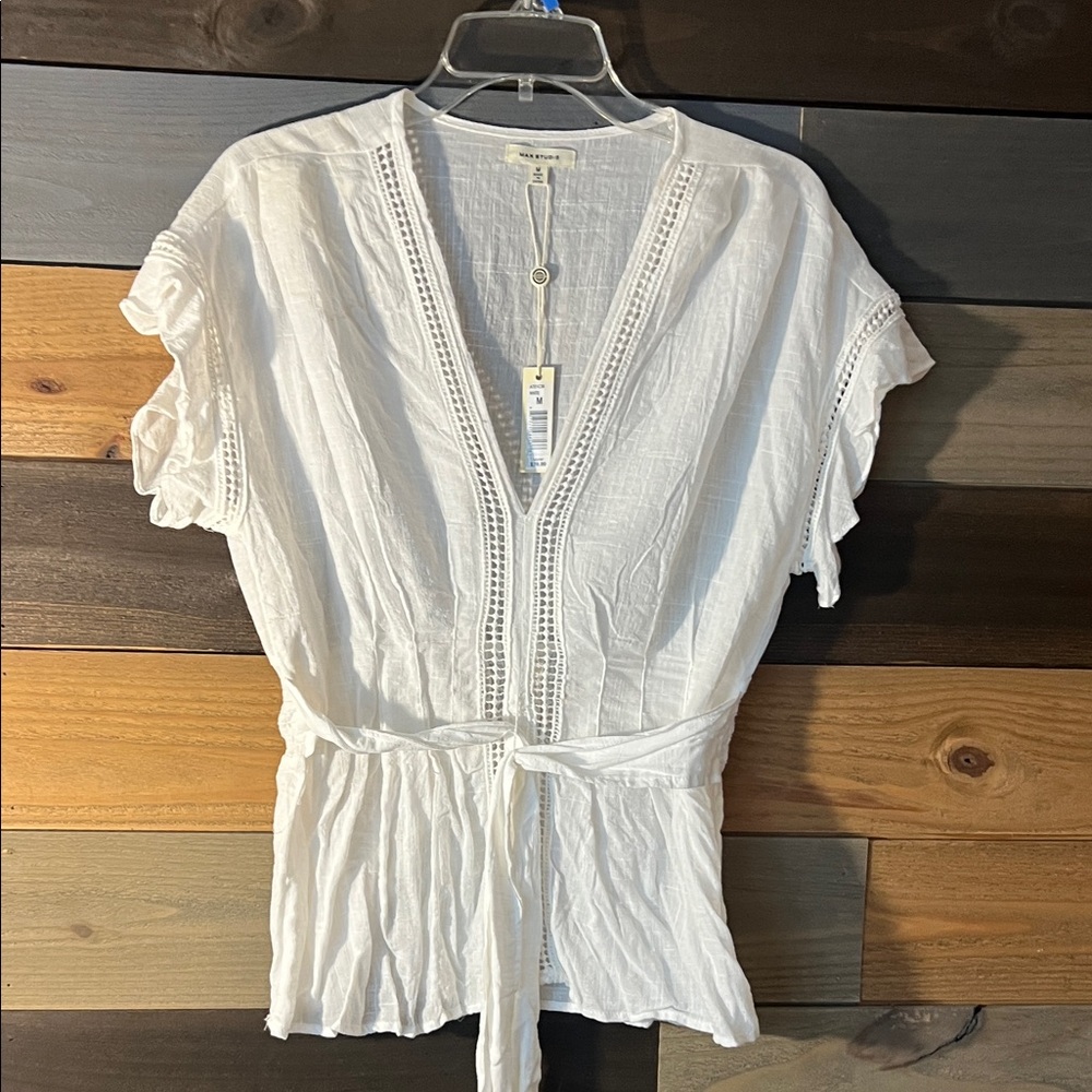Max Studio White V-Neck Blouse with Tie Waist